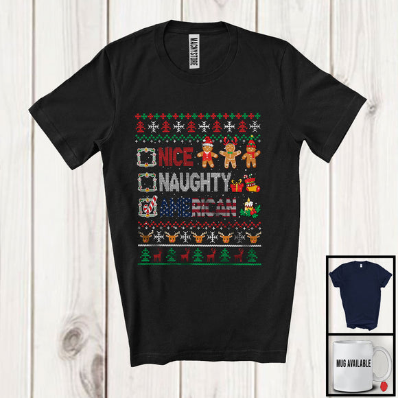 MacnyStore - Nice Naughty American; Amazing Christmas Sweater Santa America Flag; Family Group T-Shirt