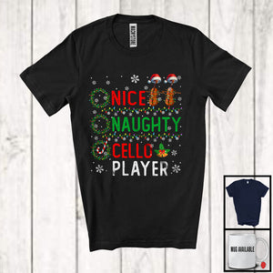 MacnyStore - Nice Naughty Cello Player; Amazing Christmas Santa List; X-mas Musical Instruments T-Shirt