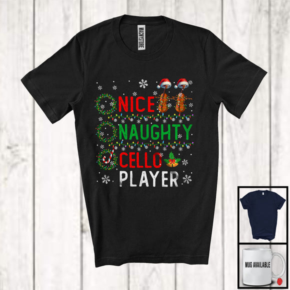 MacnyStore - Nice Naughty Cello Player; Amazing Christmas Santa List; X-mas Musical Instruments T-Shirt