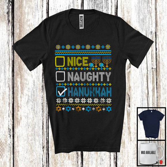 MacnyStore - Nice Naughty Hanukkah; Humorous Chanukah Sweater Pajama Menorah Dreidel; Family Group T-Shirt