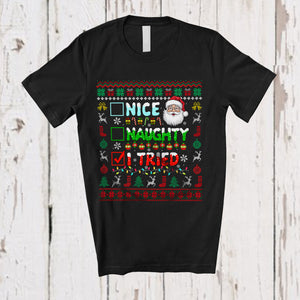 MacnyStore - Nice Naughty I Tried; Fantastic Christmas Sweater Naughty Santa Face; X-mas Lights Family T-Shirt