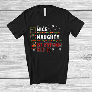 MacnyStore - Nice Naughty My Stepmom Did It; Wonderful Christmas Red Plaid Santa Snowing; Family Group T-Shirt