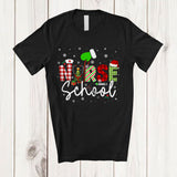 MacnyStore - Nurse School; Colorful Christmas Lights Plaid Green Santa Hand; Scrub Nurse Squad T-Shirt