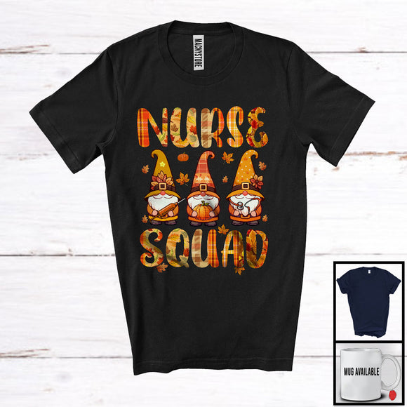 MacnyStore - Nurse Squad; Awesome Thanksgiving Fall Leaves Plaid Gnome; Matching Nurse Group T-Shirt