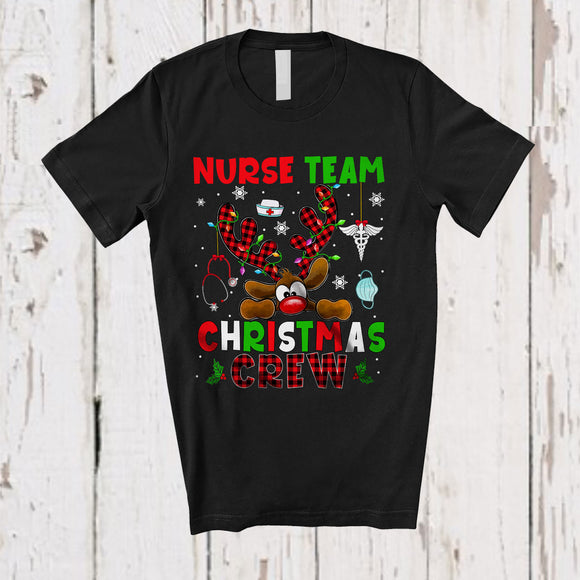 MacnyStore - Nurse Team Christmas Crew; Fantastic X-mas Red Plaid Reindeer Face; Proud Careers Jobs T-Shirt