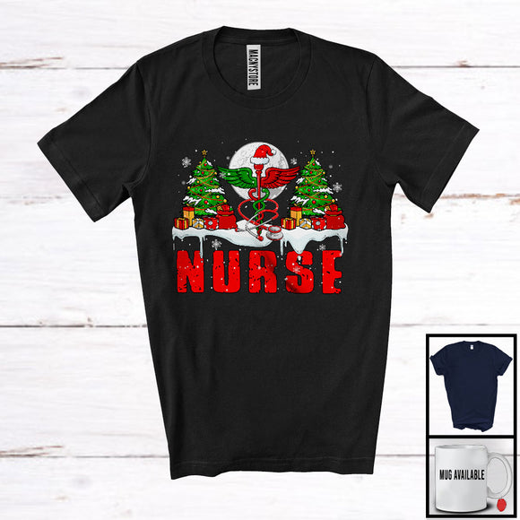 MacnyStore - Nurse; Awesome Christmas Moon Tree Santa Nurse Tools; Proud X-mas Careers Jobs T-Shirt