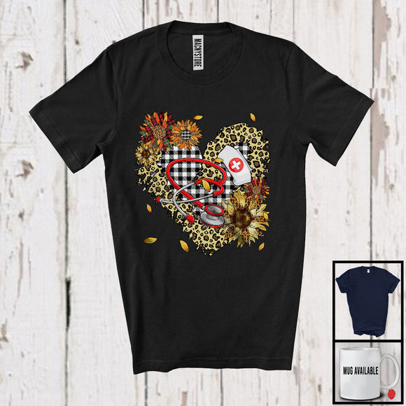 MacnyStore - Nurse, Lovely Leopard Heart Shape Sunflowers, Matching Nurse Team Group T-Shirt