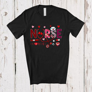 MacnyStore - Nurse; Lovely Valentine's Day Leopard Plaid Hearts Stethoscope; Proud Jobs Careers Family Group T-Shirt