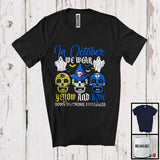 MacnyStore - October We Wear Yellow And Blue, Humorous Down Syndrome Three Sugar Skull, Halloween T-Shirt