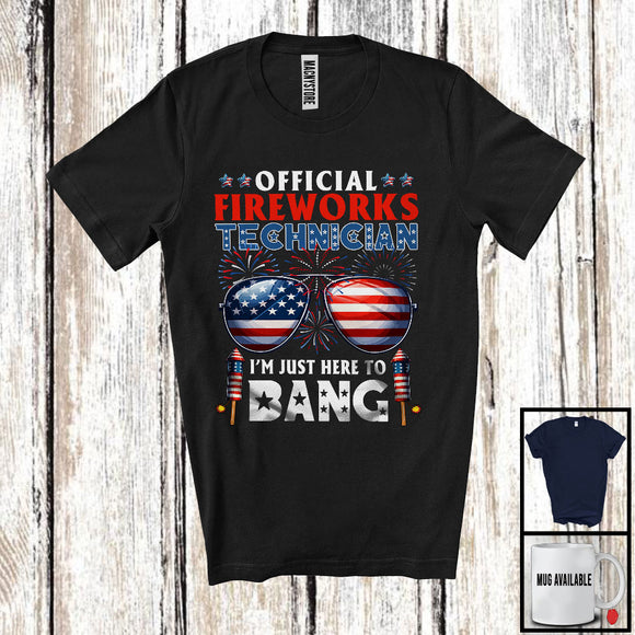 MacnyStore - Official Fireworks Technician Just Here To Bang, Joyful 4th Of July American Flag Sunglasses, Patriotic T-Shirt