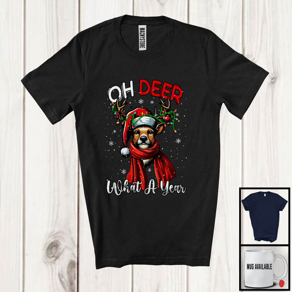 MacnyStore - Oh Deer What A Year; Humorous Christmas Lights Santa Reindeer; Snowing Around X-mas Family Group T-Shirt