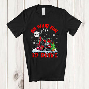 MacnyStore - Oh What Fun It Is To Drive; Amusing Christmas Santa Excavator Driver; X-mas Tree Snowing T-Shirt