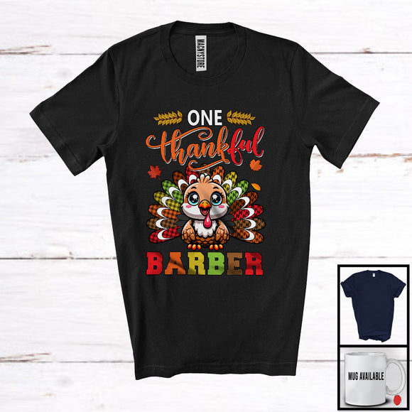 MacnyStore - One Thankful Barber; Amusing Thanksgiving Turkey Plaid Tail; Autumn Leaf Jobs Careers T-Shirt