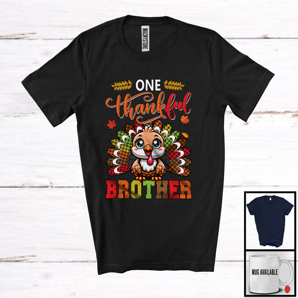 MacnyStore - One Thankful Brother; Amusing Thanksgiving Turkey Plaid Tail; Autumn Leaf Family Group T-Shirt