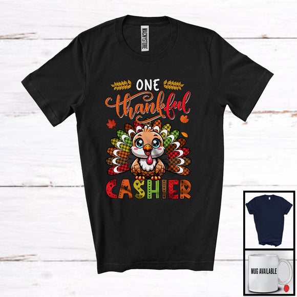 MacnyStore - One Thankful Cashier; Amusing Thanksgiving Turkey Plaid Tail; Autumn Leaf Jobs Careers T-Shirt