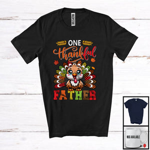 MacnyStore - One Thankful Father; Amusing Thanksgiving Turkey Plaid Tail; Autumn Leaf Family Group T-Shirt