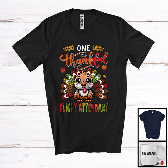 MacnyStore - One Thankful Flight Attendant; Amusing Thanksgiving Turkey Plaid Tail; Autumn Leaf Jobs Careers T-Shirt