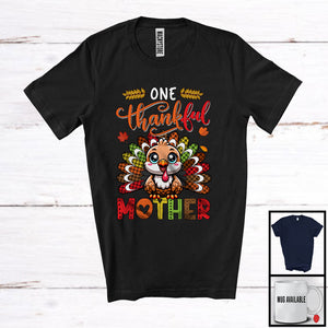 MacnyStore - One Thankful Mother; Amusing Thanksgiving Turkey Plaid Tail; Autumn Leaf Family Group T-Shirt