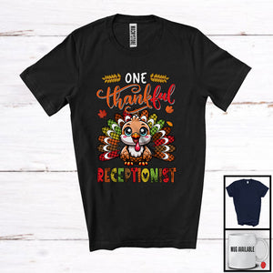 MacnyStore - One Thankful Receptionist; Amusing Thanksgiving Turkey Plaid Tail; Autumn Leaf Jobs Careers T-Shirt