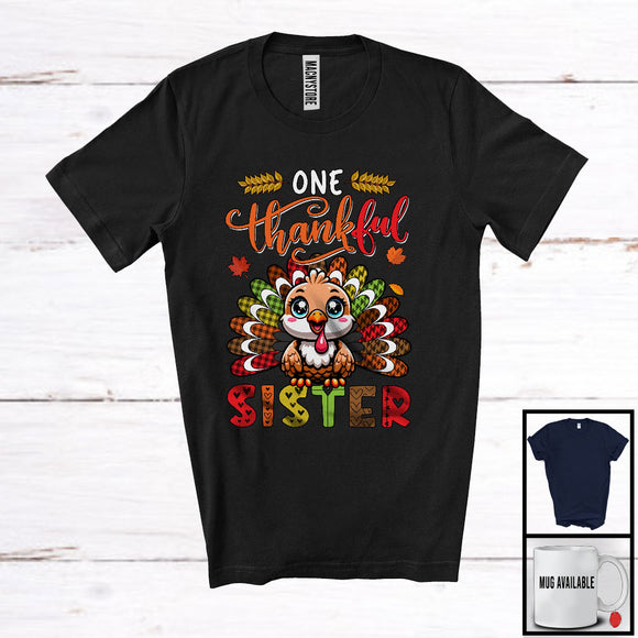 MacnyStore - One Thankful Sister; Amusing Thanksgiving Turkey Plaid Tail; Autumn Leaf Family Group T-Shirt