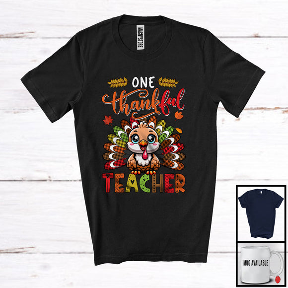 MacnyStore - One Thankful Teacher; Amusing Thanksgiving Turkey Plaid Tail; Autumn Leaf Jobs Careers T-Shirt