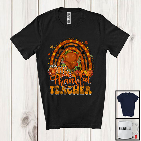 MacnyStore - One Thankful Teacher; Happy Thanksgiving Plaid Pumpkin Rainbow; Fall Leaves Turkey T-Shirt