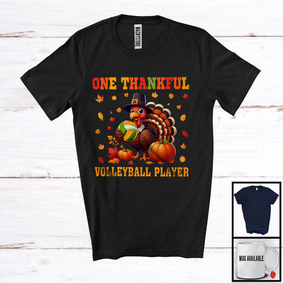 MacnyStore - One Thankful Volleyball Player; Joyful Thanksgiving Turkey Sport Player; Fall Leaves Pumpkins T-Shirt