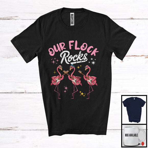 MacnyStore - Our Flock Rocks; Humorous Flamingo Playing Guitar; Teacher Students Guitarist Group T-Shirt