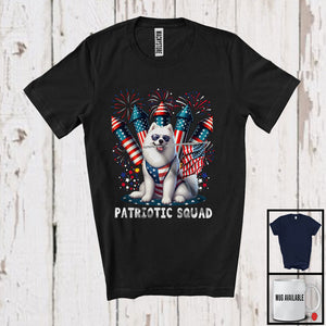 MacnyStore - Patriotic Squad, Adorable 4th Of July Samoyed Owner Firecrackers, American Flag Fireworks T-Shirt