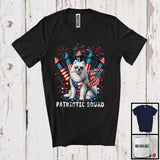 MacnyStore - Patriotic Squad, Adorable 4th Of July Samoyed Owner Firecrackers, American Flag Fireworks T-Shirt