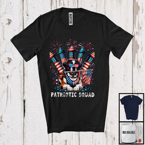 MacnyStore - Patriotic Squad, Adorable 4th Of July St. Bernard Owner Firecrackers, American Flag Fireworks T-Shirt