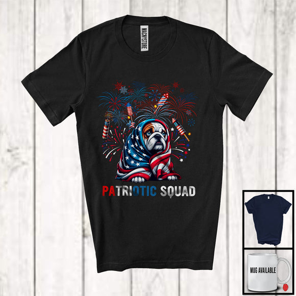 MacnyStore - Patriotic Squad, Amazing 4th Of July Scary Bulldog Lover, American Flag Fireworks Patriotic T-Shirt