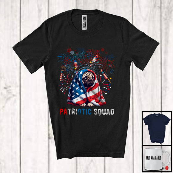 MacnyStore - Patriotic Squad, Amazing 4th Of July Scary Pug Lover, American Flag Fireworks Patriotic T-Shirt