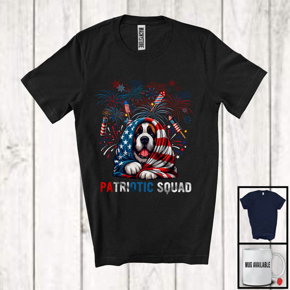 MacnyStore - Patriotic Squad, Amazing 4th Of July Scary St. Bernard Lover, American Flag Fireworks Patriotic T-Shirt