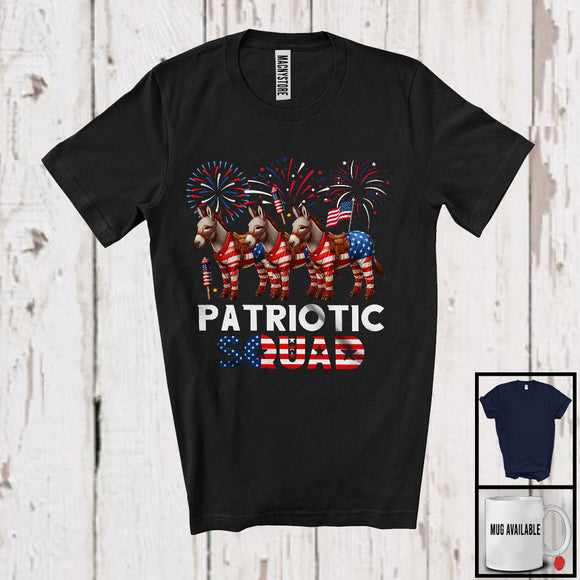 MacnyStore - Patriotic Squad, Awesome 4th Of July Three Donkey Farmer, American Flag Fireworks Family Group T-Shirt