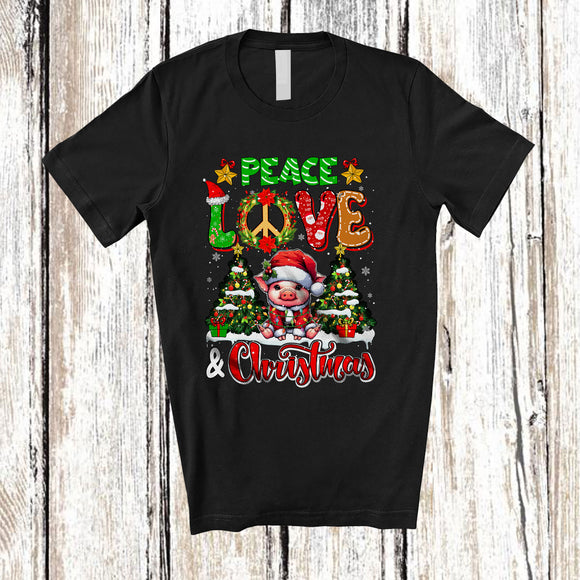 MacnyStore - Peace Love And Christmas; Fantastic X-mas Trees Lights Pig Santa; Farmer Farm Animal T-Shirt