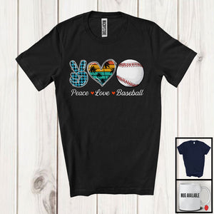 MacnyStore - Peace Love Baseball, Adorable Peace Hand Sign Plaid Retro Heart, Baseball Player Matching Team T-Shirt