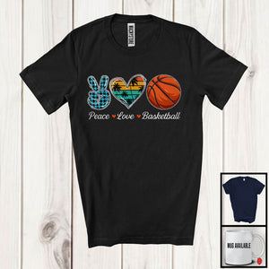 MacnyStore - Peace Love Basketball, Adorable Peace Hand Sign Plaid Retro Heart, Basketball Player Matching Team T-Shirt