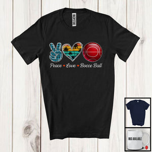 MacnyStore - Peace Love Bocce Ball, Adorable Peace Hand Sign Plaid Retro Heart, Bocce Ball Player Matching Team T-Shirt