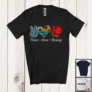 MacnyStore - Peace Love Boxing, Adorable Peace Hand Sign Plaid Retro Heart, Boxing Player Matching Team T-Shirt