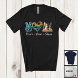 MacnyStore - Peace Love Chess, Adorable Peace Hand Sign Plaid Retro Heart, Chess Player Matching Team T-Shirt