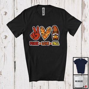 MacnyStore - Peace Love Fall; Awesome Thanksgiving Peace Hand Sign Heart Gnome; Autumn Leaf Pumpkin T-Shirt