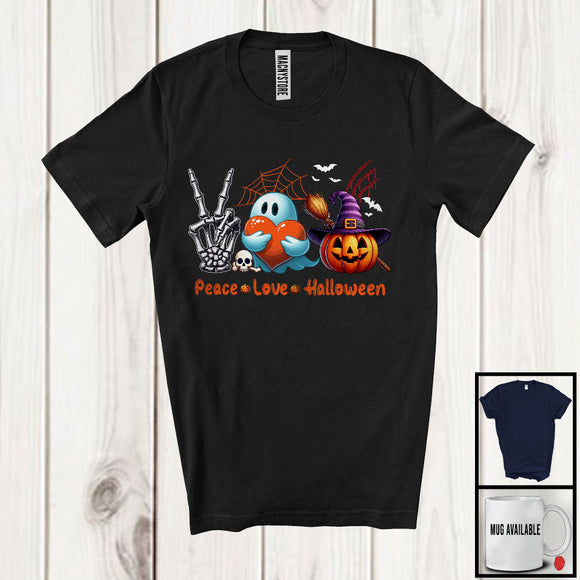 MacnyStore - Peace Love Halloween; Creepy Peace Sign Skeleton Hand Boo Ghost Pumpkin; Family Group T-Shirt