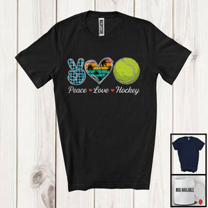 MacnyStore - Peace Love Hockey, Adorable Peace Hand Sign Plaid Retro Heart, Hockey Player Matching Team T-Shirt