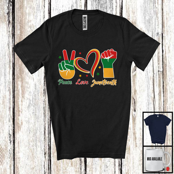 MacnyStore - Peace Love Juneteenth, Proud Juneteenth Black Melanin Peace Hand Sign Heart Shape, Afro Pride T-Shirt
