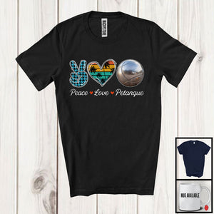 MacnyStore - Peace Love Petanque, Adorable Peace Hand Sign Plaid Retro Heart, Petanque Player Matching Team T-Shirt