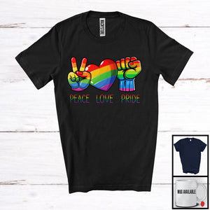 MacnyStore - Peace Love Pride, Lovely LGBTQ Pride Peace Hand Sign Strong Hand, Gay Rainbow Heart Lover T-Shirt