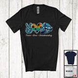 MacnyStore - Peace Love Snowboarding, Lovely Summer Vacation Plaid Peace Hand Sign Heart, Snowboarding Team T-Shirt