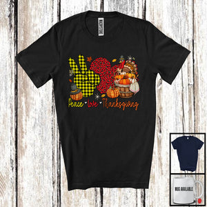 MacnyStore - Peace Love Thanksgiving; Cool Thanksgiving Pumpkin Plaid Hand Sign Leopard Heart; Family T-Shirt