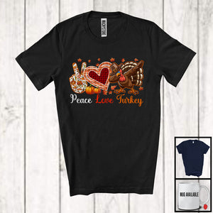 MacnyStore - Peace Love Turkey, Joyful Thanksgiving Dabbing Turkey Pilgrim, Plaid Hand Sign Heart Pumpkin T-Shirt